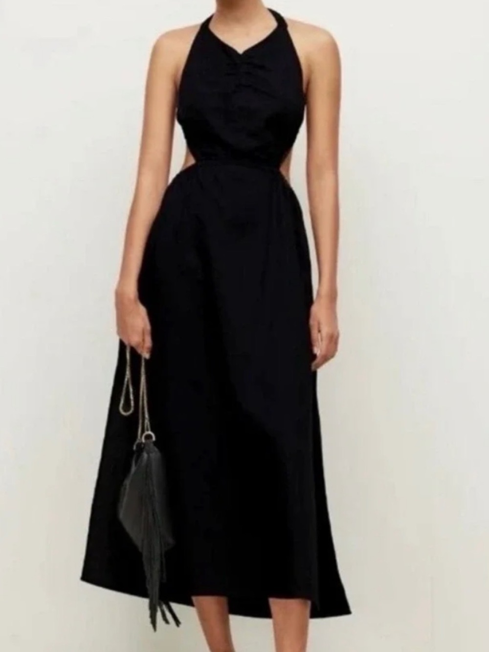 AllSaints Black Halter backless cutout linen Midi Dress